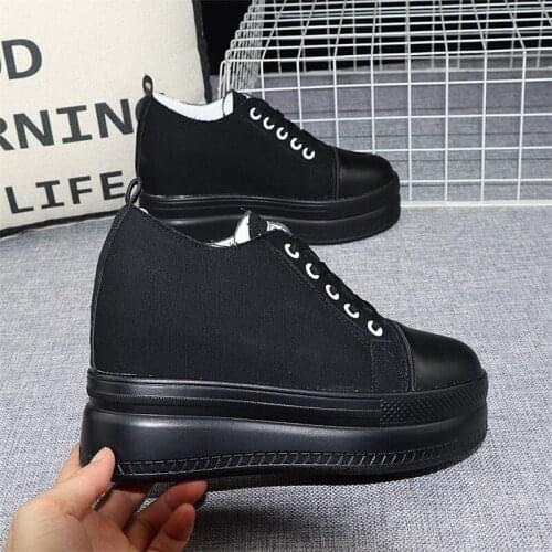 Thick-soled Canvas Shoes Womens Autumn 2021 New Lace-up Black Shoes All-match Breathable Inner Increased 10cm Casual Shoes