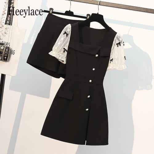 Plus size Office Ladies Summer Work Suits short Sleeve single breasted top and Black shorts Suit Woman Two 2 Piece Blazer Sets
