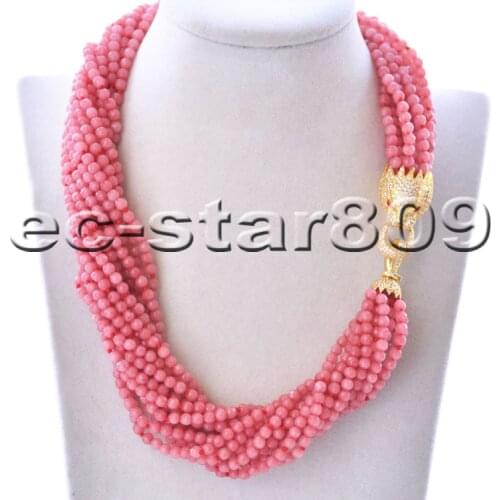 S2269 15row 20" 4mm Round Faceted Pink Jasper Necklace Cougar CZ