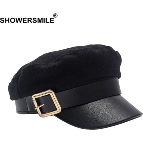 SHOWERSMILE Wool Newsboy Caps Winter Black Captain Hat Women Leather Flat Caps Ladies Elegant Classic British Baker Boy Cap 2021