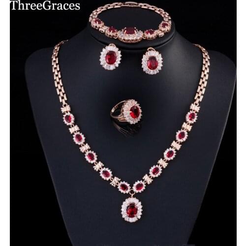 ThreeGraces Nigerian Women Red Cubic Zirconia Crystal Earing And Necklace Bracelets Ring Gold Color Wedding Jewelry Set JS167