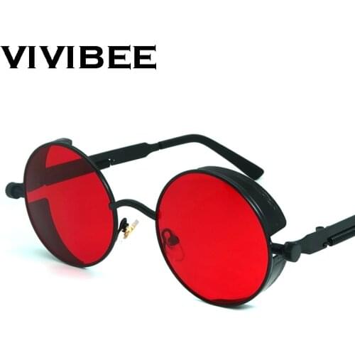 VIVIBEE Vintage Steampunk Red Sunglasses Men Round Punk Alloy Metal Retro Sun Glasses Women 2021 Goggles Gothic Style Shades