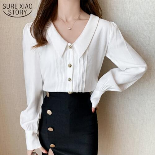 Polo Collar Women Shirts White Blouse Delicate Button Autumn Long Sleeve Shirt Office Lady OL Fashion Blusas Ropa De Mujer 10576