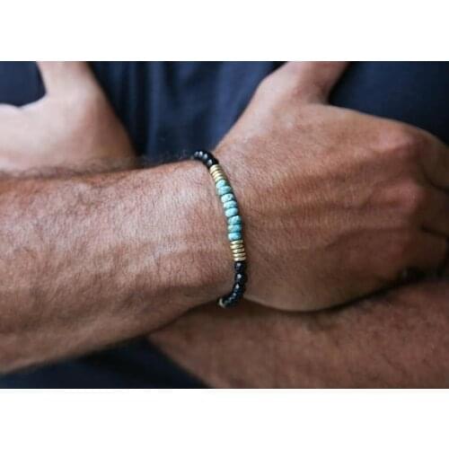 Black Onyx Bracelet, African Turquoise, Stackable Bracelet, Mala Bracelet, Mens Stretch Bracelet
