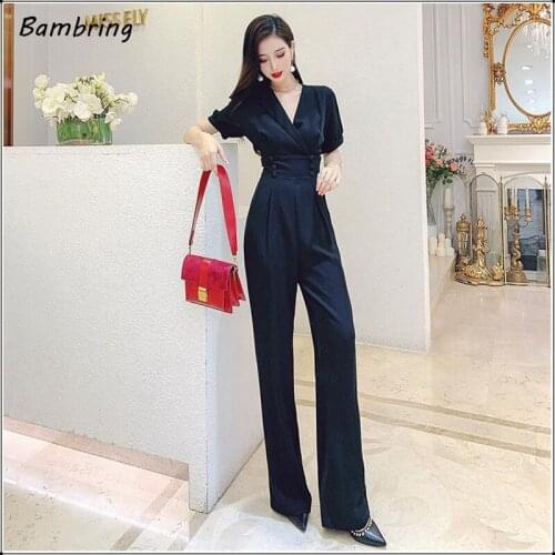 Office Lady Elegant Suit Wide Leg Jumpsuits Women Summer V Neck High Waist Rompers Fashion Workwear Slim Short Sleeve Overalls