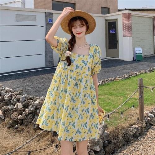 Womens 2021 Summer Sundresses Short-sleeved Square Collar Pearl Chain Open Back French Floral A-line Loose Print Dress Vestido