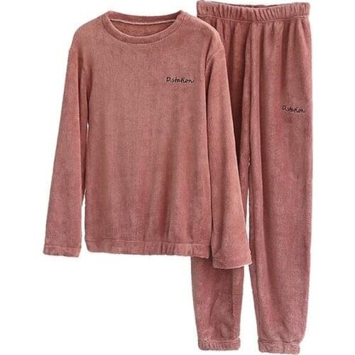 Womens Winter Flannel Pajamas Suit Fleece Pajamas Warm Home Clothes Thick Coral Fleece Women Pajamas Trousers 2-Piece Set