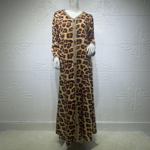 Arabic Dubai Muslim Islamic Clothing Ramadan Eid Mubarak Jalabiya Leopard Print Long Maxi Dress Women 2021 Lace Patchwork Loose