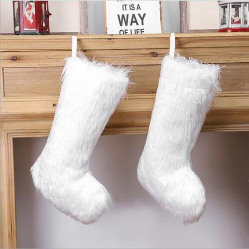 1PC White Christmas Stockings Plush Socks Candy Bag Gift Holder Hanging Xmas Home Decoration For Christmas Tree Ornaments