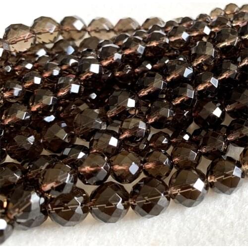 AAA High Quality Natural Genuine Brown Clear Tea Crystal Smoky Quartz Round Jewelery Loose Ball Faceted Beads 15" 06360