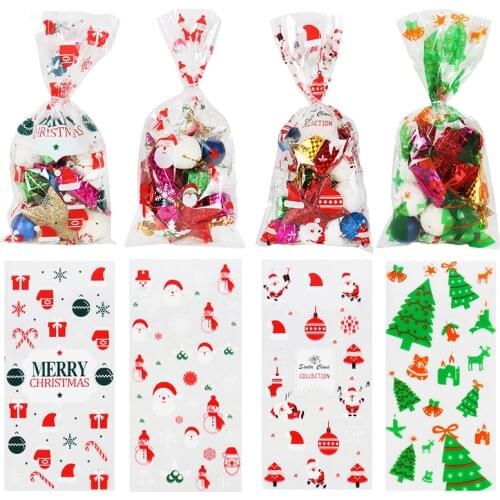 50pcs Santa Xmas Tree Print Cellophane Bags Christmas Decor Gift Bag Candy Treat Packaging Bags Navidad new year Party Favors