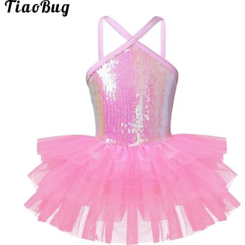TiaoBug Kids Girls Sleeveless Halter Sequins Ballet Dance Gymnastics Leotard Tutu Dress Stage Performance Costume