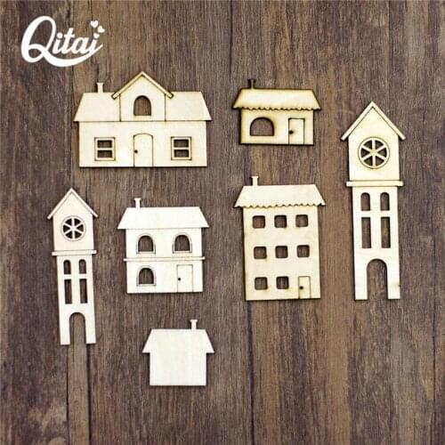 QITAI 21Pieces/lot New Arrival 7 Types European-Style House Shape Wooden Small Wood Chips Wholesale Exquisite Decoration WF262