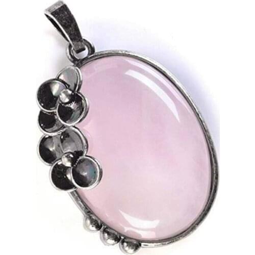 FYJS Unique Female Anniversary Gift Silver Plated Antique Flower Oval Shape Natural Rose Pink Quartz Pendant