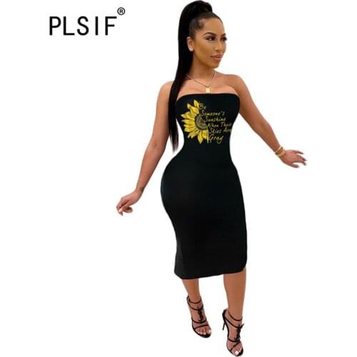 Hot sale summer strapless sexy bodycon dress ladies cute print sexy beach dress black color women dress slim