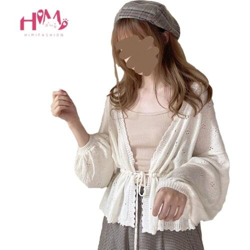 Vintage Tie Front Cardigan Women Knitted Sweater Summer Beach Cover Up Kimono Long Sleeve Hollow Out Cute Zip Up Cardigans Top