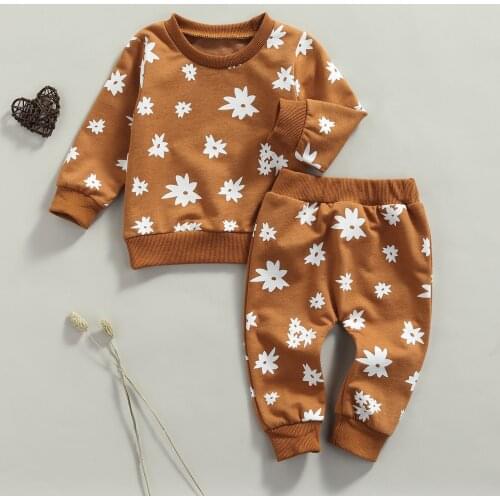 2 Pcs Newborn Flower Print Outfits Baby Boys Girls Long Sleeve Round Neck T-Shirts Pullover pants Sets for 0-3Y