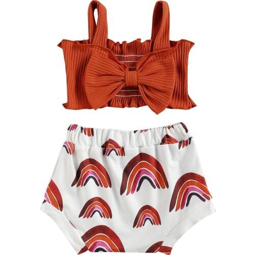 Summer Infant Baby Girl Clothes Sets Summer Two Pieces Bowknot Vest Straps Tank Crop Top+Rainbow Print Shorts Baby Outfits 0-24M
