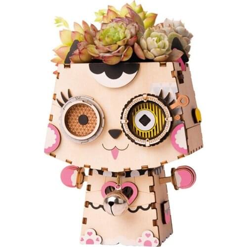 Cartoon Cute Robot Flower Pot Hand Assembly 3D Wooden Puzzle Game Creative Succulent Pot Planter Kits Toy DIY Birthday Gifts