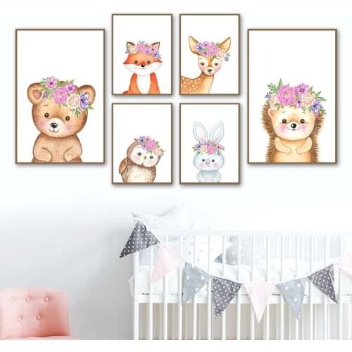 Cartoon Bear Owl Fox Deer Rabbit Hedgehog Wall Art Canvas Painting Nordic Posters And Prints Wall Pictures For Kids Room Decor