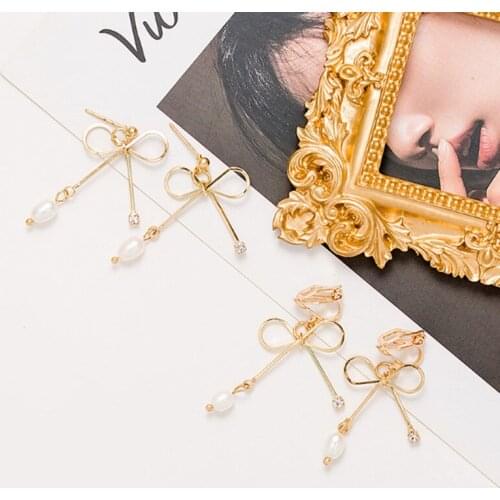 New Fashion Bowknot Clip on Earrings and Gold Color Pierced Earrings for Girl Party Wedding Korea Style Charm Earrings Wholesale