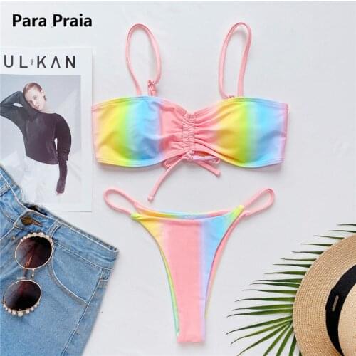 Para Praia 2021 Tie Dye Push Up Bikini Brazilian Swimsuit Sexy Bow Bandeau Swimwear Women Thong Swimsuit New Bathing Suit