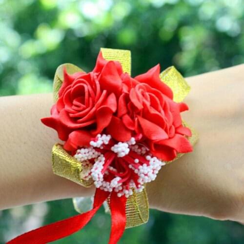 Foam Rose Flowers Bridal Bridesmaid Wrist Corsage Wedding Party Ribbon Bracelet for Home Wedding Decoration indoor
