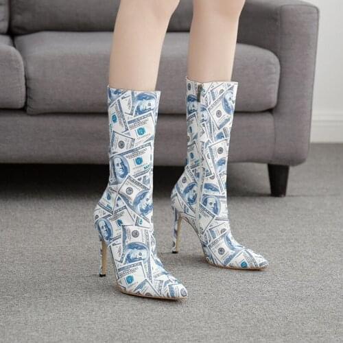 Sexy Dollar Boots Women Money Printed Autumn Mid Tube Boot Leather Fashion Show Lady High Heel Stiletto Heels Woman Shoes Hot