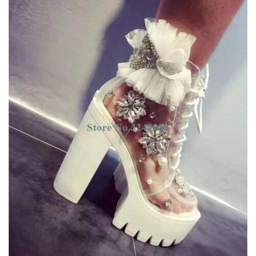 Crystal Flower Transparent PVC Platform Chunky Heel Boots White Sweet Lace Up Ankle Boots Summer Rhinestone Women Short Boots