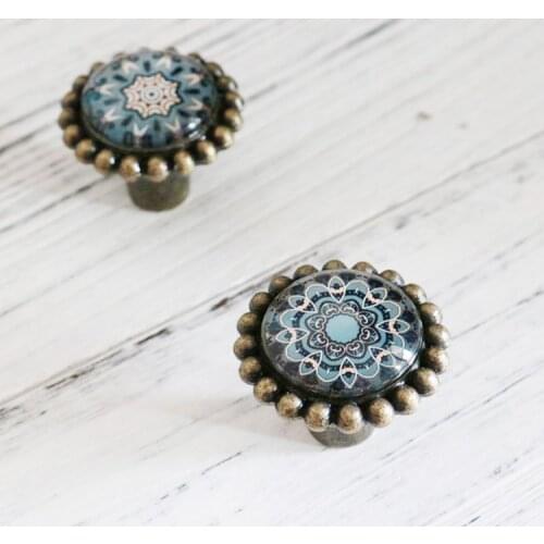 1pcs Crystal Glass Door Knobs Drawer Cabinet Furniture Kitchen Handles For Kids Room Cute Vintage Rural Geometry Pattern Pulls