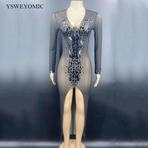 Sexy Black Mesh Perspective Sequins Dress Women Prom Birthday Outfit Party Nightclub Dress Singer Stage Performance Show Wear