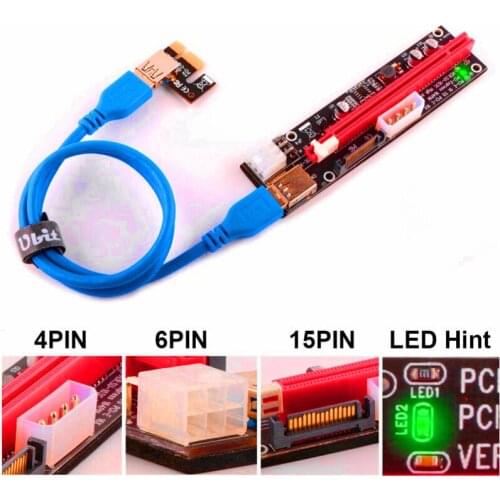 Ubit 100PCS VER103C 3in1 LED Riser Power PCI-E Riser Card 4pin 6pin Sata 15PIN PCI Express 1X to 16X Extension Cable for Bitcoin