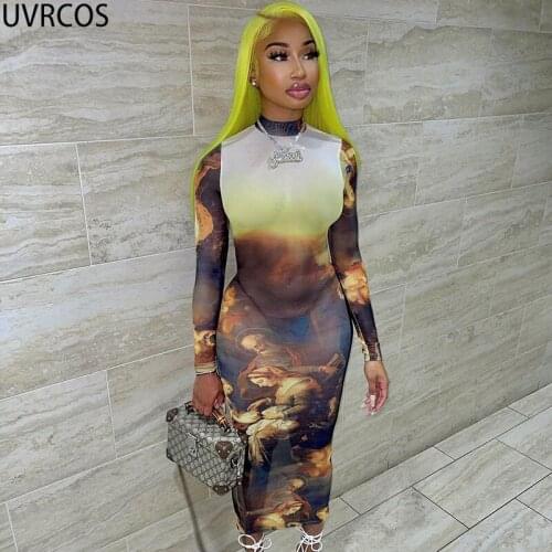 UVRCOS Summer Y2K Clothes For Women Simplee Mesh Print Breathable Long Sleeve O Neck New Arrival Stylish Club Party Midi Dresses