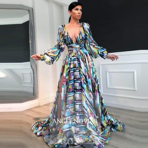 Long Sleeves V Neck Sequin Evening Dress 2020 with Slit Formal Gowns 2021 vestido sirena largo