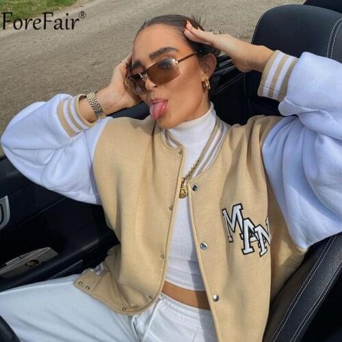Forefair 2021 Oversized Varsity Jacket Baseball Women Autumn Winter Patchwork Print Long Sleeve Khaki Fashion Loose Y2k Coat
