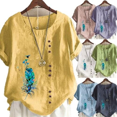 Womens New Summer Fashion Casual Linen Shirt Round Neck Printing T-shirt Short Sleeve Tops Loose Blouse S-5XL