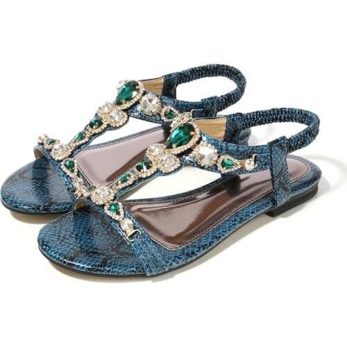 2021 Summer New Sandals Green Retro Bohemian Rhinestone Beaded Snake Pattern Flat Sandals Comfortable Womens Shoes Size 35-45