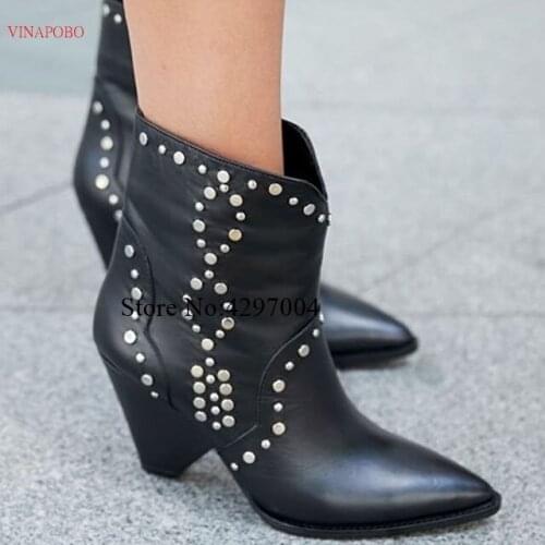 2019 New Black Studded Ankle Boots Women luxury Pointed toe Slip on Spike Wedge Heels Short Boots comfortable Winter Shoes Woman