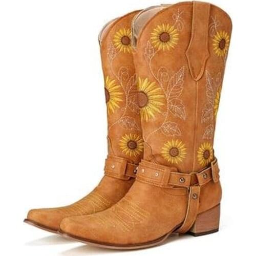 Women Retro Sunflowers Embroidered Pointed Toe Cowboy Boots