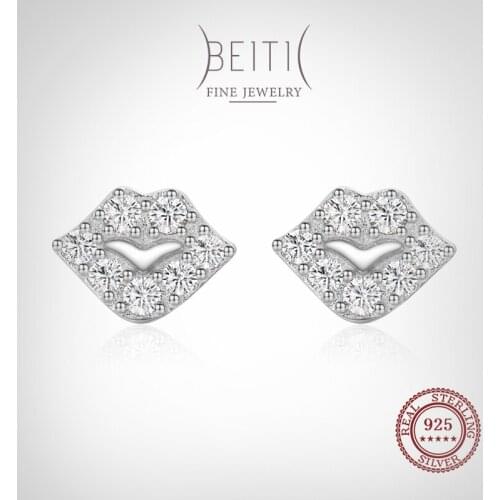 Beitil Dazzling Zircon Charm Lips Design Stud Earrings 925 Sterling Silver For Women Girls Party Accessories Jewelry