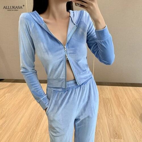 Women Angel Letter Embroidered Velvet Casual Two Piece Outfits Autumn Blue Suede Ladies Hooded Set Tracksuit Suit Female 2021