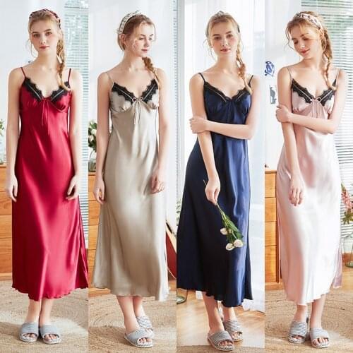 "Women Long Sexy Lace Nightwear Silk Satin Sleepwear Sleeveless Sleepshirts Nightdress Summer Lingerie Night Wear Navy Dress Gow