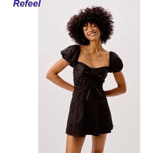 Women Vintage Square Collar Backless Bandage Black Mini Dress Female Chic Summer Puff Sleeve Casual Slim Vestido