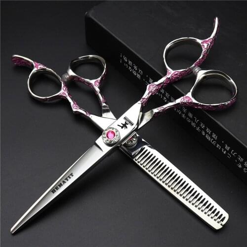 6 inch pink rose carving Japan 440C hairdressing scissors professional hairdresser cutting scissors thinning scissors