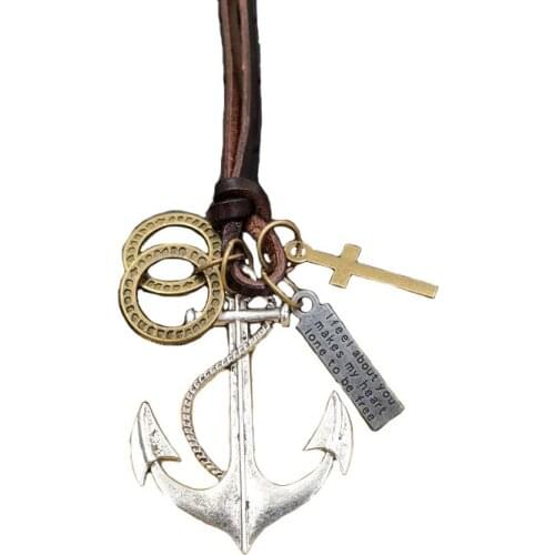 Antique Necklace 100% Cowhide rope Genuine Punk Leather Boat Anchor Ocean Bronze Cross Loop Letter Tag Mens Gift AC073-080