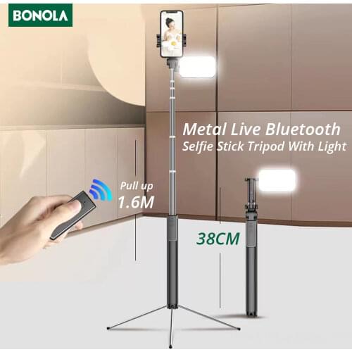 Bonola Integrated Portable Metal Selfie Stick Live Bracket Bluetooth Remote Control Selfie Tripod Telescopic Rod With Fill Light