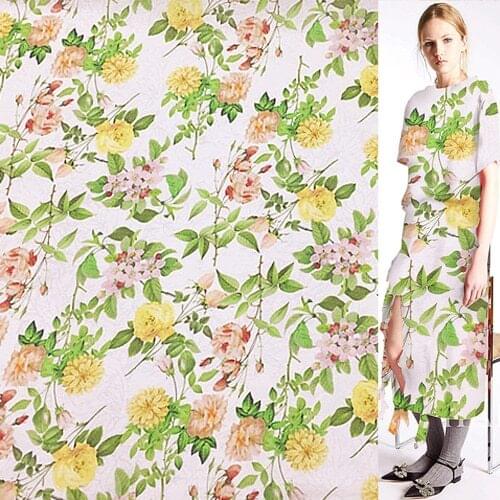 Floral and green leaves print silk and linen blended fabric flower design,SLN155