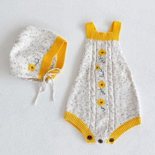 Baby Knitwear Bodysuit New Fashion Flower Embroidery Baby Girls Sleeveless Overalls With Hat Infant Kids Jumpsuit Outfits