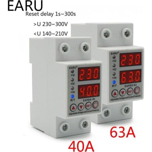 40A 63A 230V Din Rail Adjustable Over Voltage And Under Voltage Protective Device Protector Relay Over Current Protection Limit