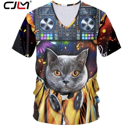 CJLM New Mens Summer Music Cat 3d Printed V Neck Tshirt Man Short Sleeve T-Shirt Casual Loose Oversized Tee Shirt Custom